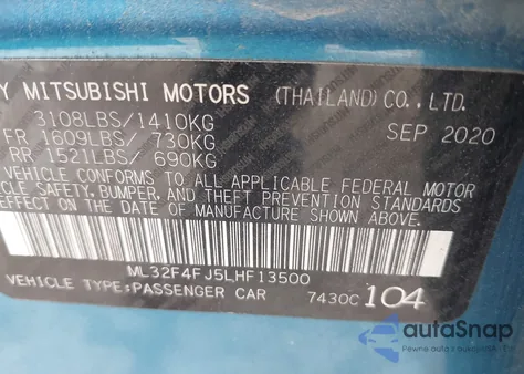 2020 Mitsubishi Mirage G4 Le/Se z USA, uszkodzony, nr VIN ML32F4FJ5LHF13500